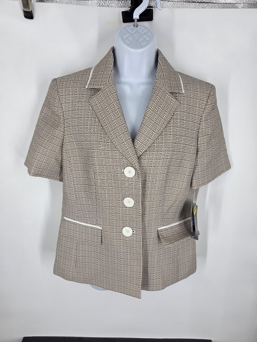 ​Le Suit Vintage Style Short Sleeve Blazer Jacket Tan Cream Grid Checked Size 10